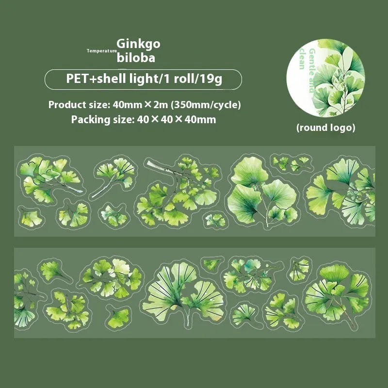 Six rolls of nature-themed decorative stickers showing gentle ginkgo, maple leaf, and blue fallen leaves colour variations