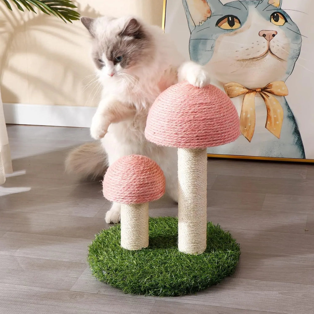 Pink mushroom-shaped cat scratching post with natural sisal caps for kittens