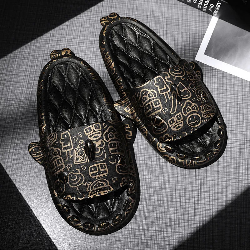 Shark design open-toe EVA slippers for home use in multiple colours and sizes.