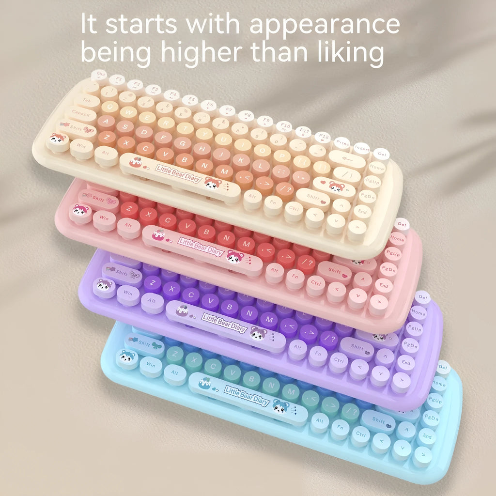CANDY pink wireless cartoon keyboard and mouse set with receiver on a desk