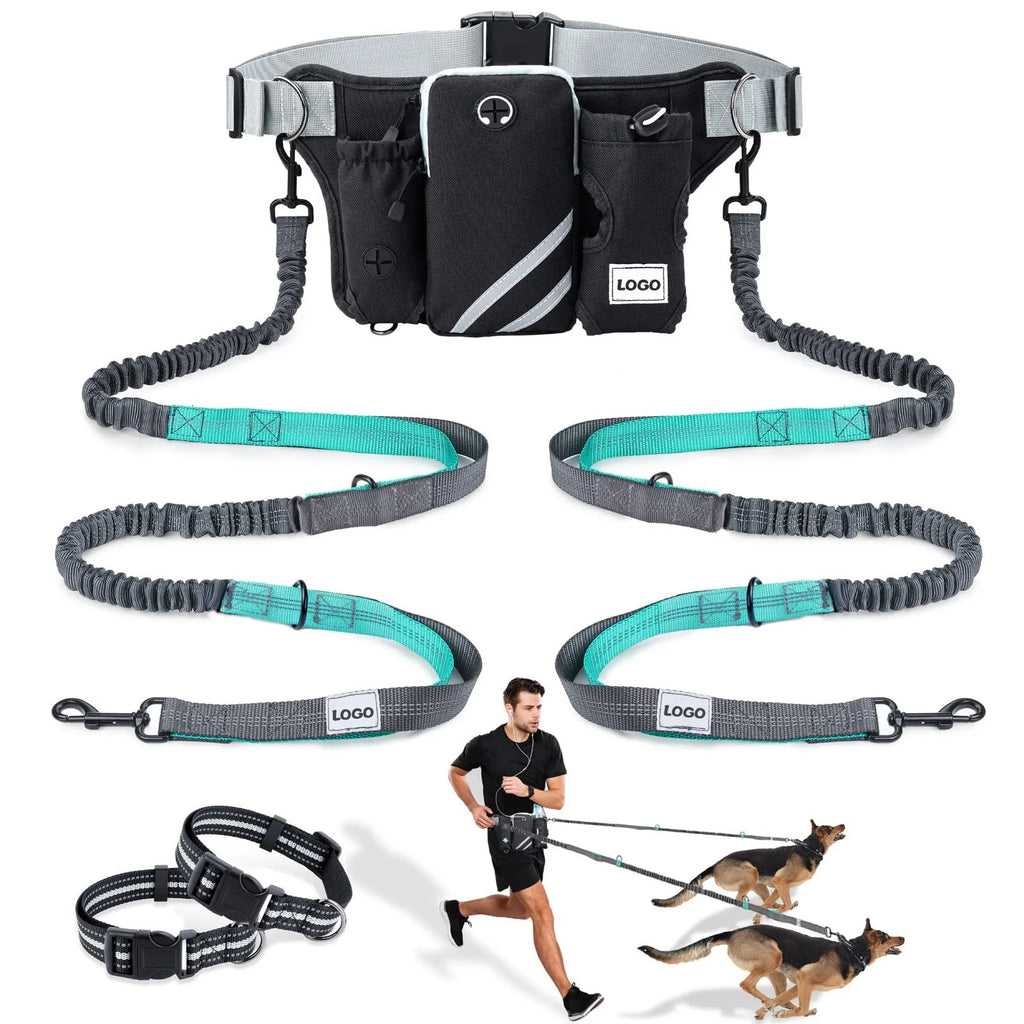 Black waterproof nylon dog walking waist bag set with adjustable leash and matching collar