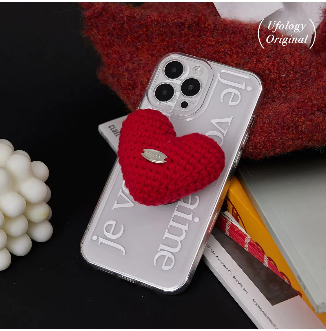 Original Knitted Love Stand phone case for iPhone, TPU glass back, retro Japanese Korean style, black or white, heart bracket option.
