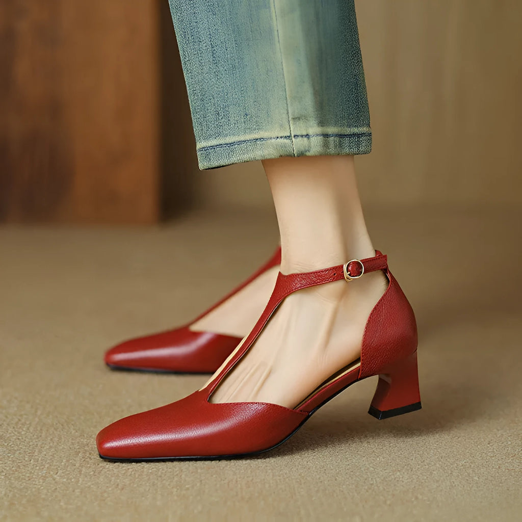 Wine red women's square toe chunky heel shoes with a buckle closure, made from sheepskin leather.