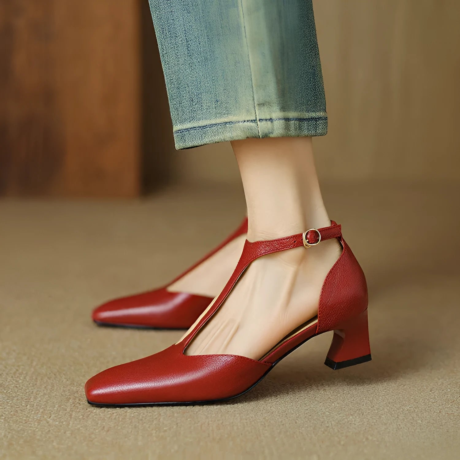 Wine red women's square toe chunky heel shoes with a buckle closure, made from sheepskin leather.