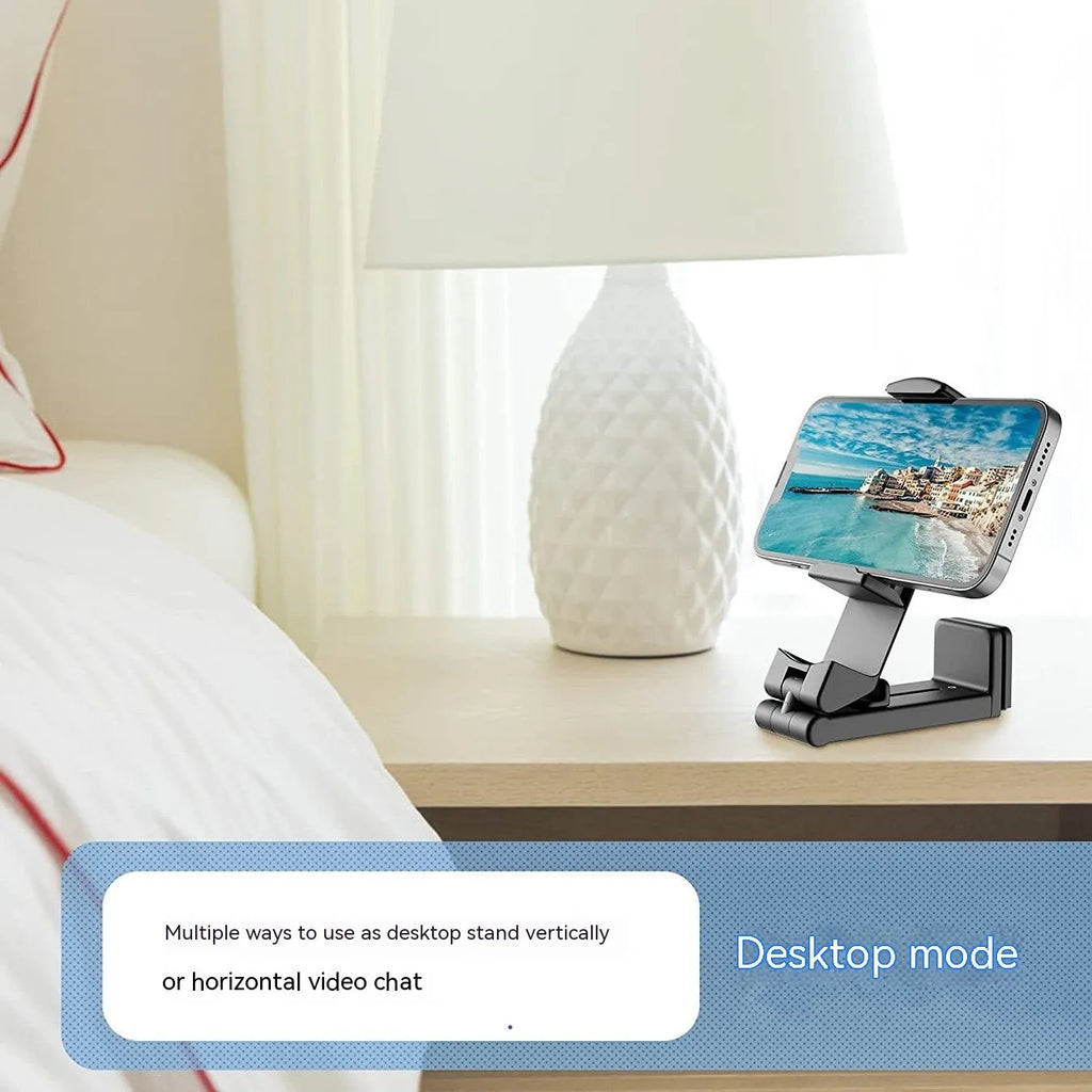 Foldable rotating phone holder in black showing multiple positioning angles for mobile phones