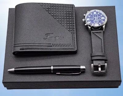 Four-piece gift set containing watch, wallet, and pen in modern presentation box