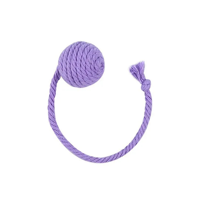 Colourful cat toy ball with rope attachment and internal bell for interactive kitten play