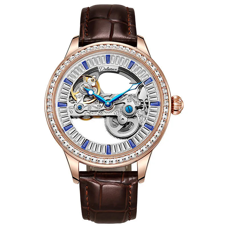 Luxury men's zircon mechanical watch with rose gold stainless steel belt and transparent case back