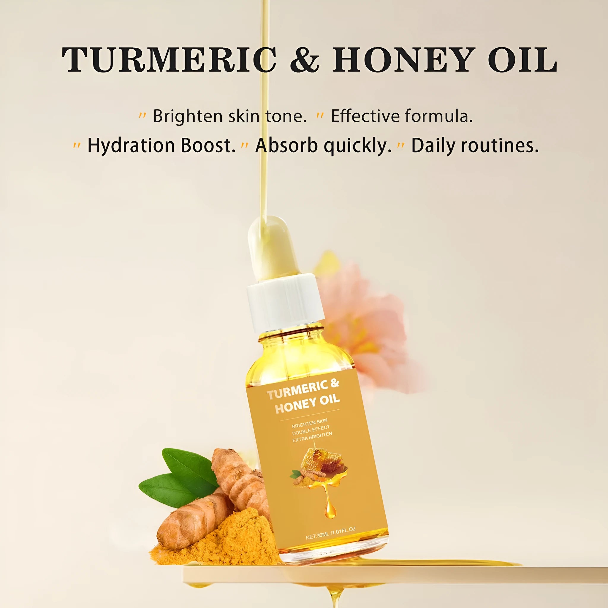 30ml bottle of turmeric honey essential oil with neutral packaging for facial beauty treatment