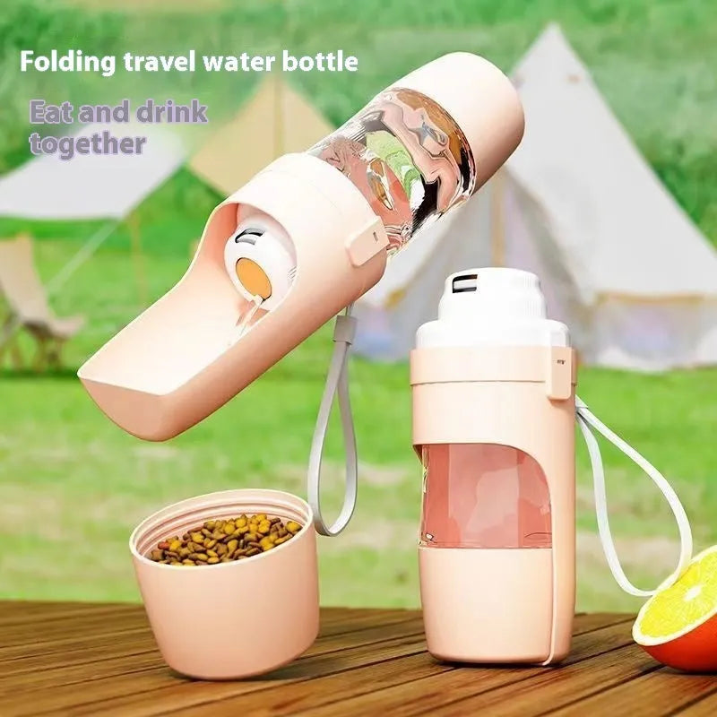 Grey 2-in-1 portable dog water bottle and food feeder with lanyard attached