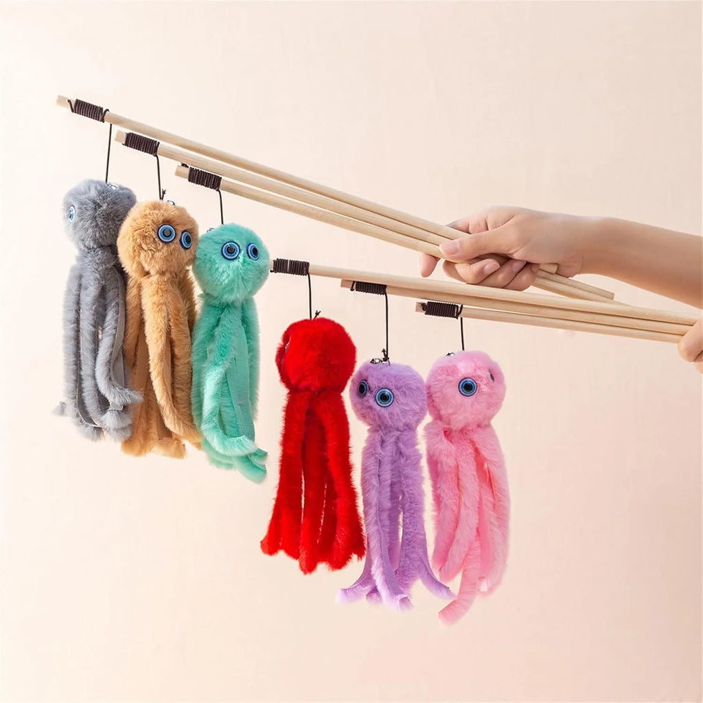 Octopus wand cat toy with moving eyes and flexible wand for indoor kitten play