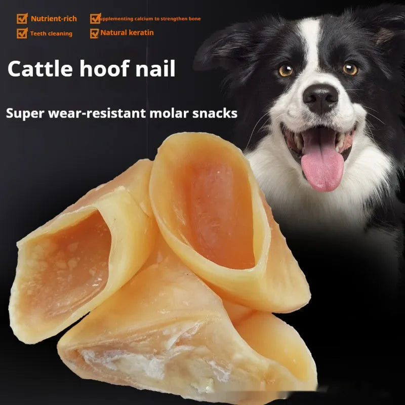 Natural cowhide dog grinding rod chew with hoof shell attachment in two size options