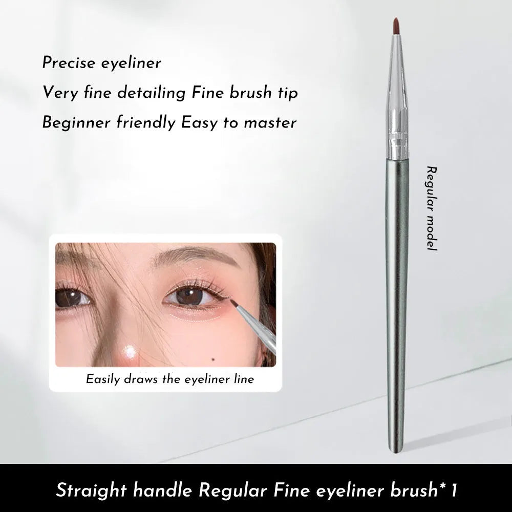 Angled bend head synthetic eyeliner brush for tear trough and under-eye concealer application.
