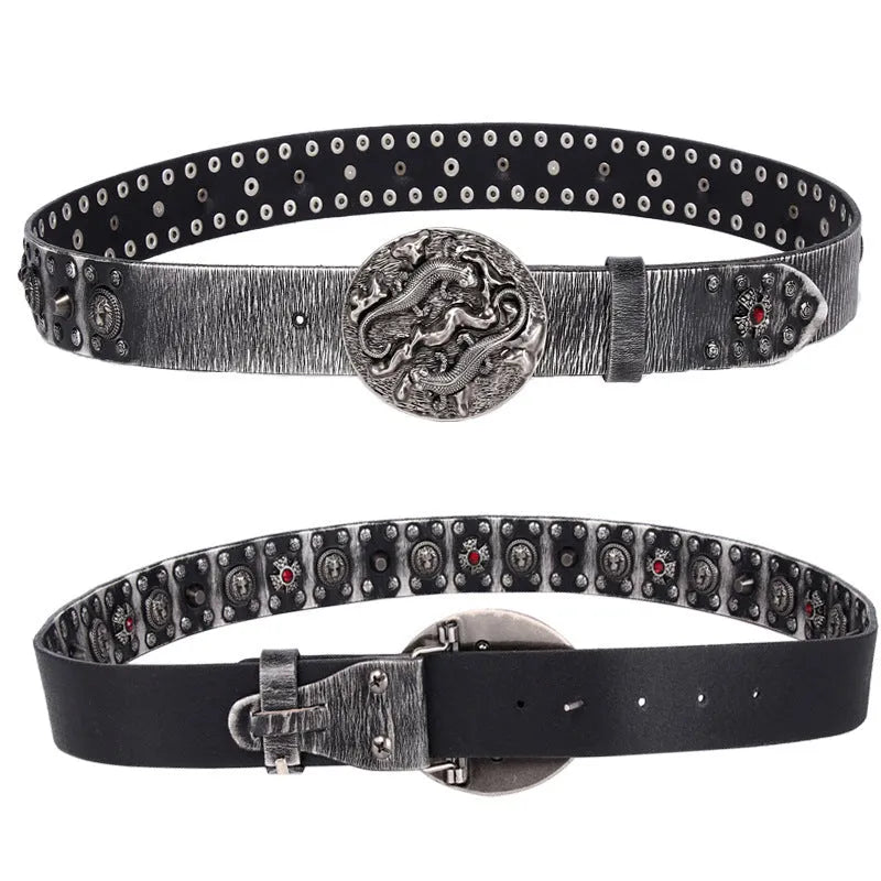 Men's black genuine leather belt with silver punk rivets and an alloy buckle.