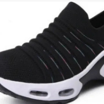 Women's plus size fly-knit socks shoes in mesh with low heel, shown in Tao Black colour.