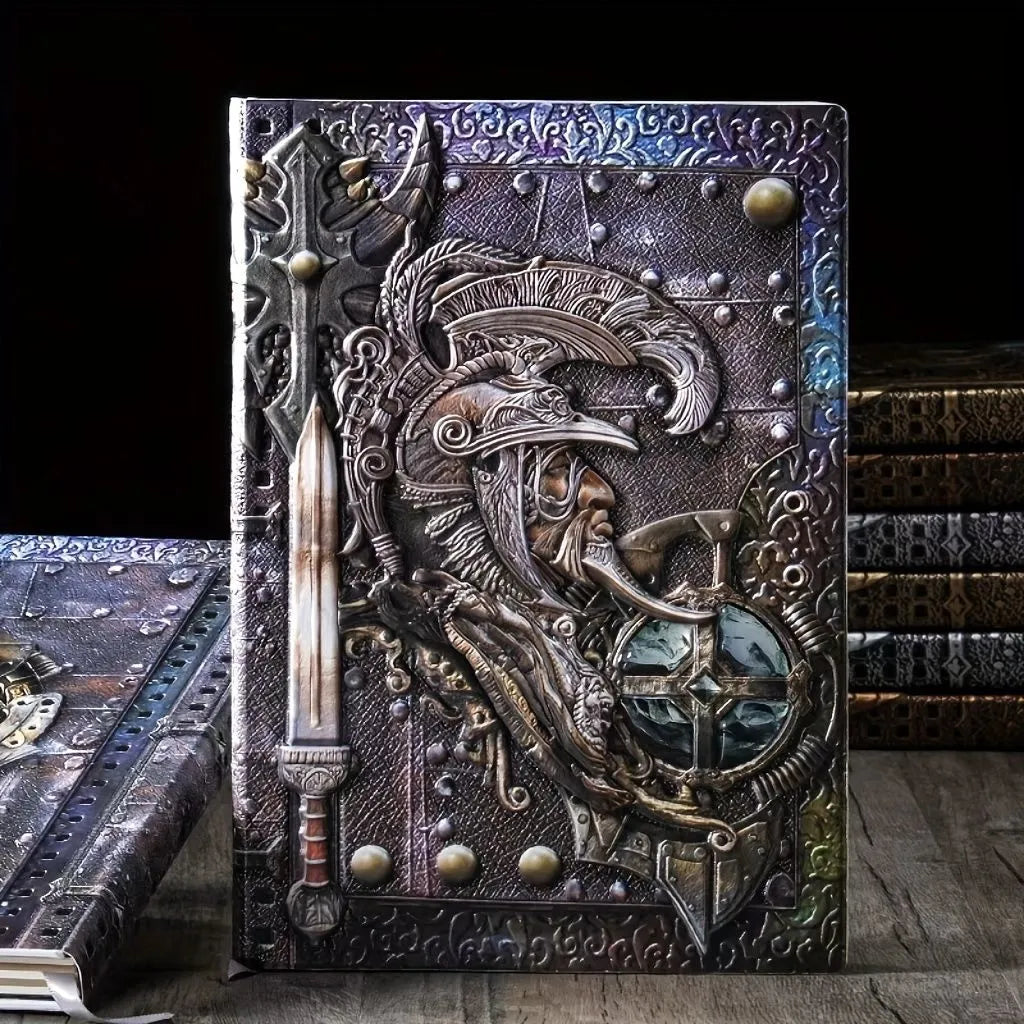 Handmade leather A5 notebook with 3D warriors relief embossed cover, open to show paper pages