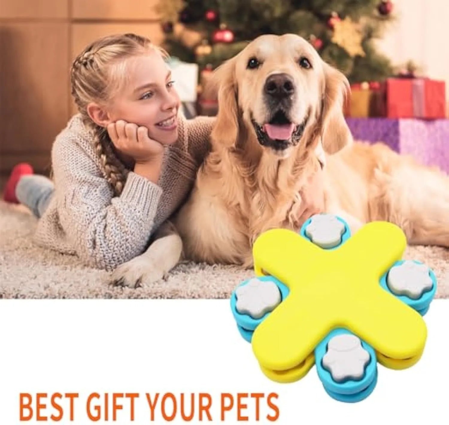 Yellow three-layer rotating dog puzzle feeder with claw-shaped lids and anti-slip rubber base