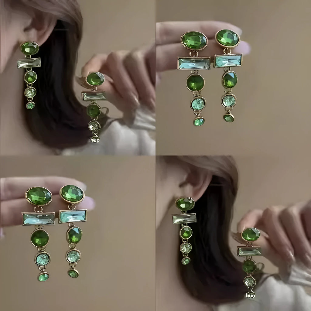 Green gradient geometric drop earrings with zircon inlays and a tassel design.