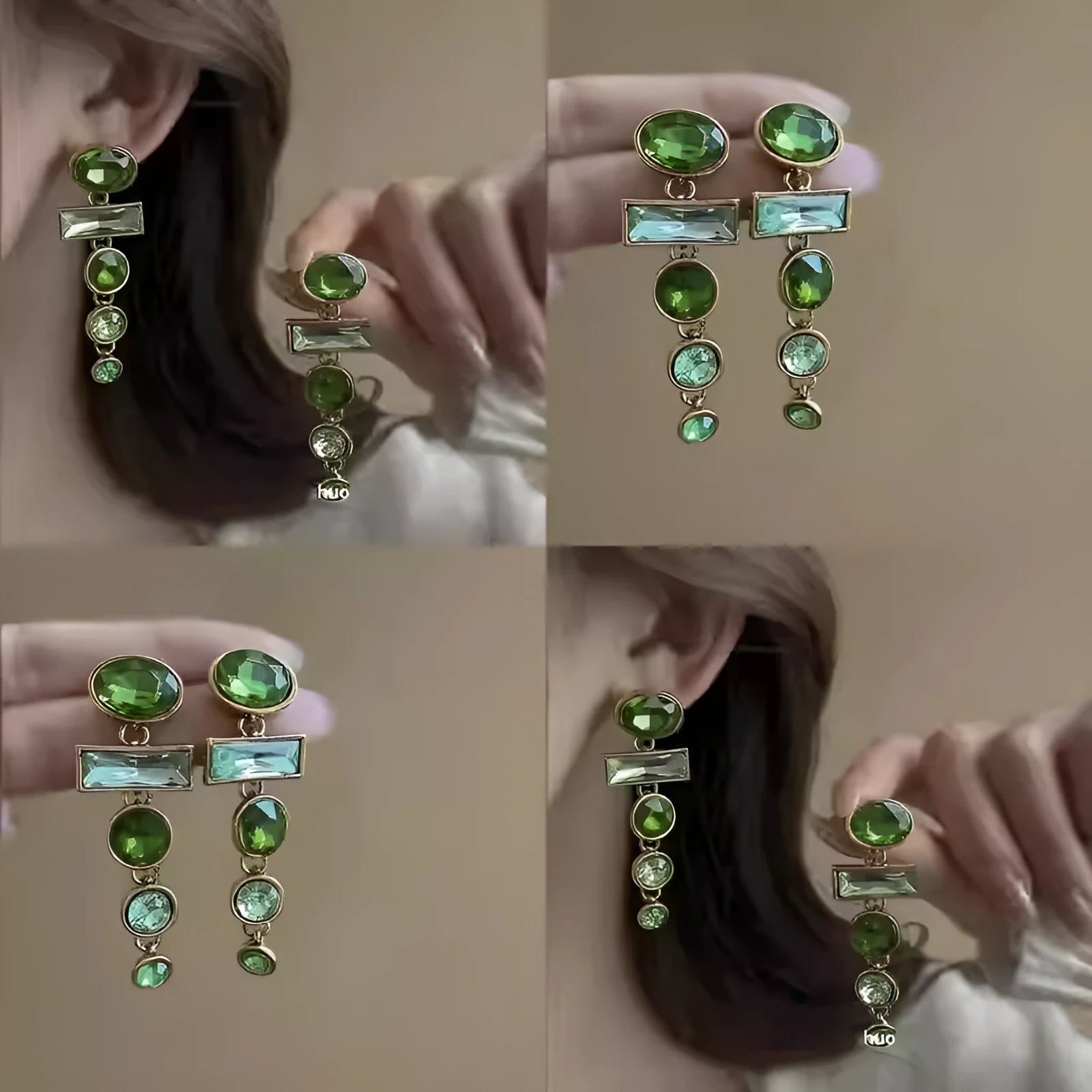 Green gradient geometric drop earrings with zircon inlays and a tassel design.