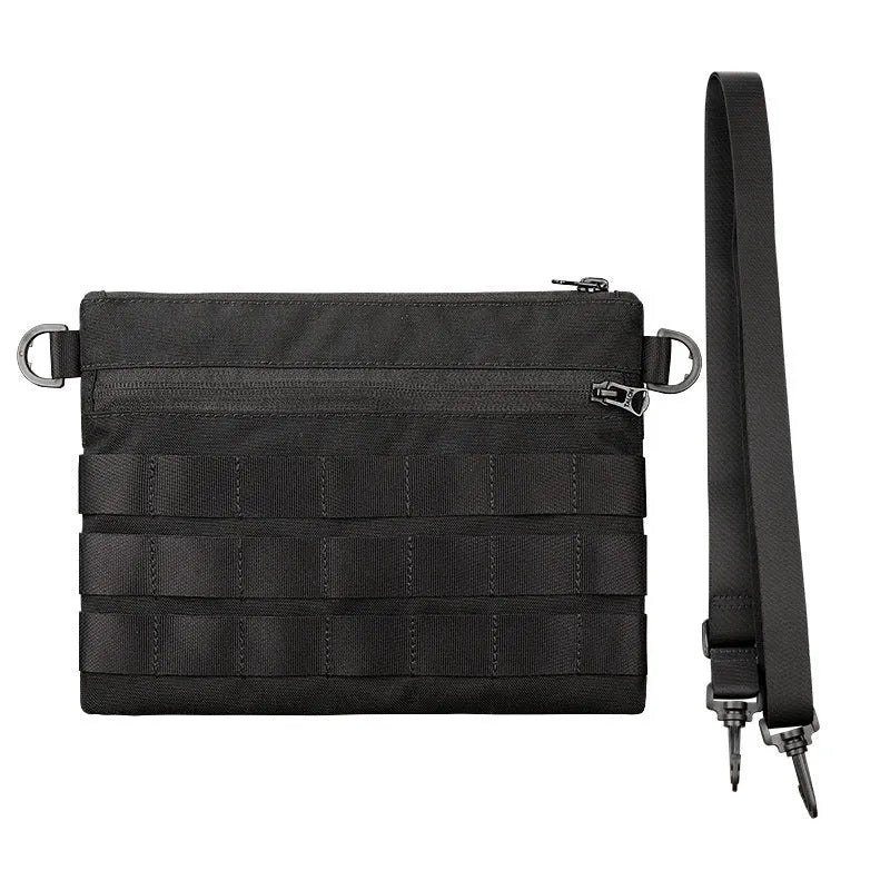 Black military-style Oxford cloth waist bag shown closed, measuring 18cm.