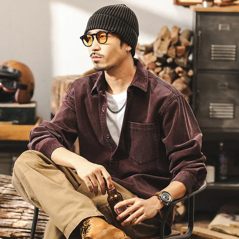 Men's retro corduroy casual jacket in loose fit with long sleeves
