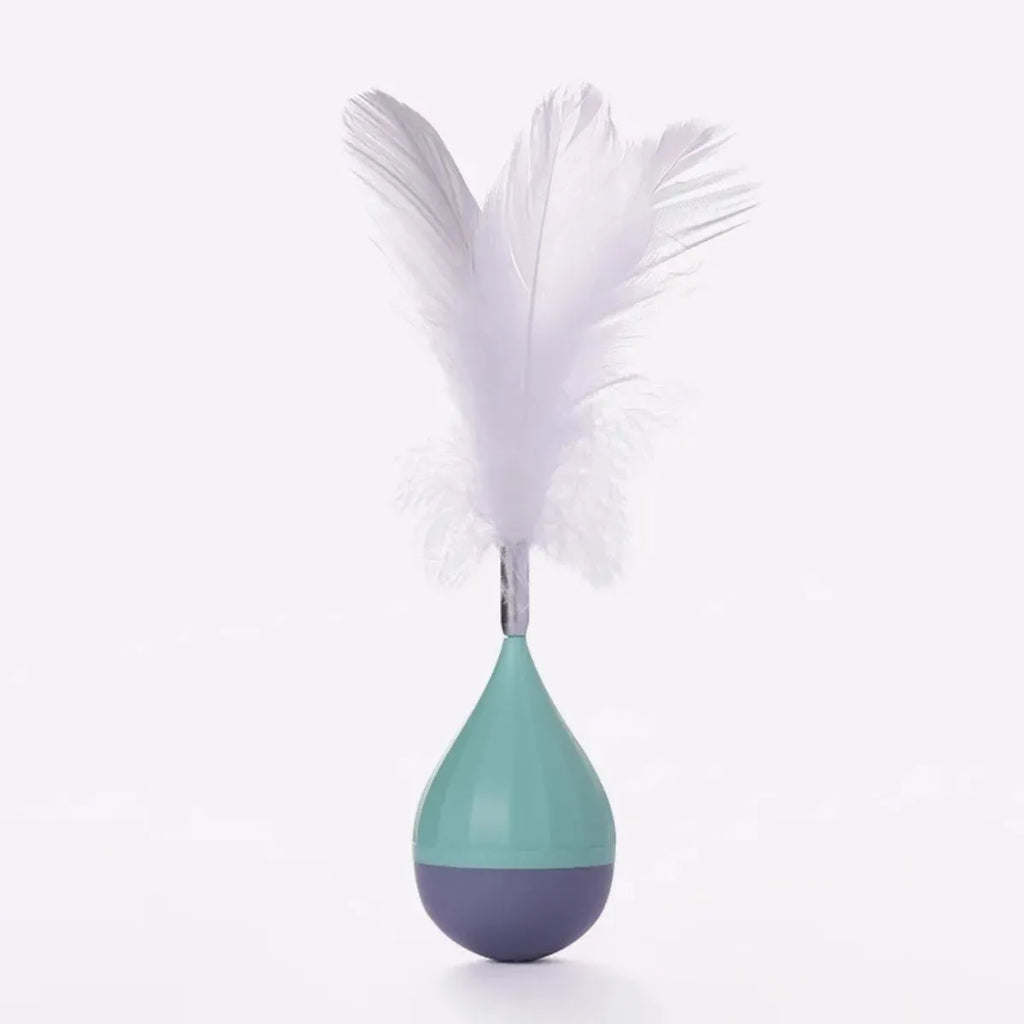 Feather tumbler cat toy showing green colour option with tease stick and goose feather attachment