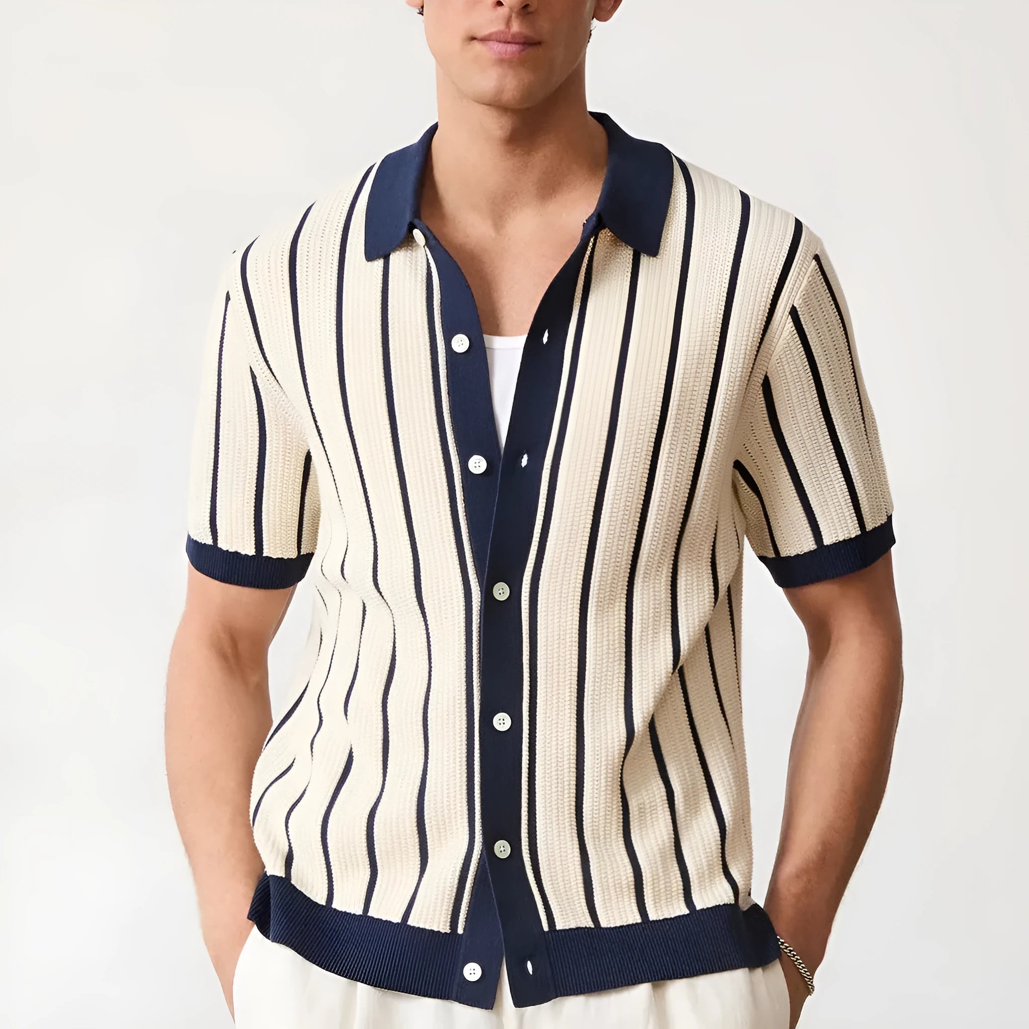 Men's white short sleeve knitted top with asymmetrical lapel design