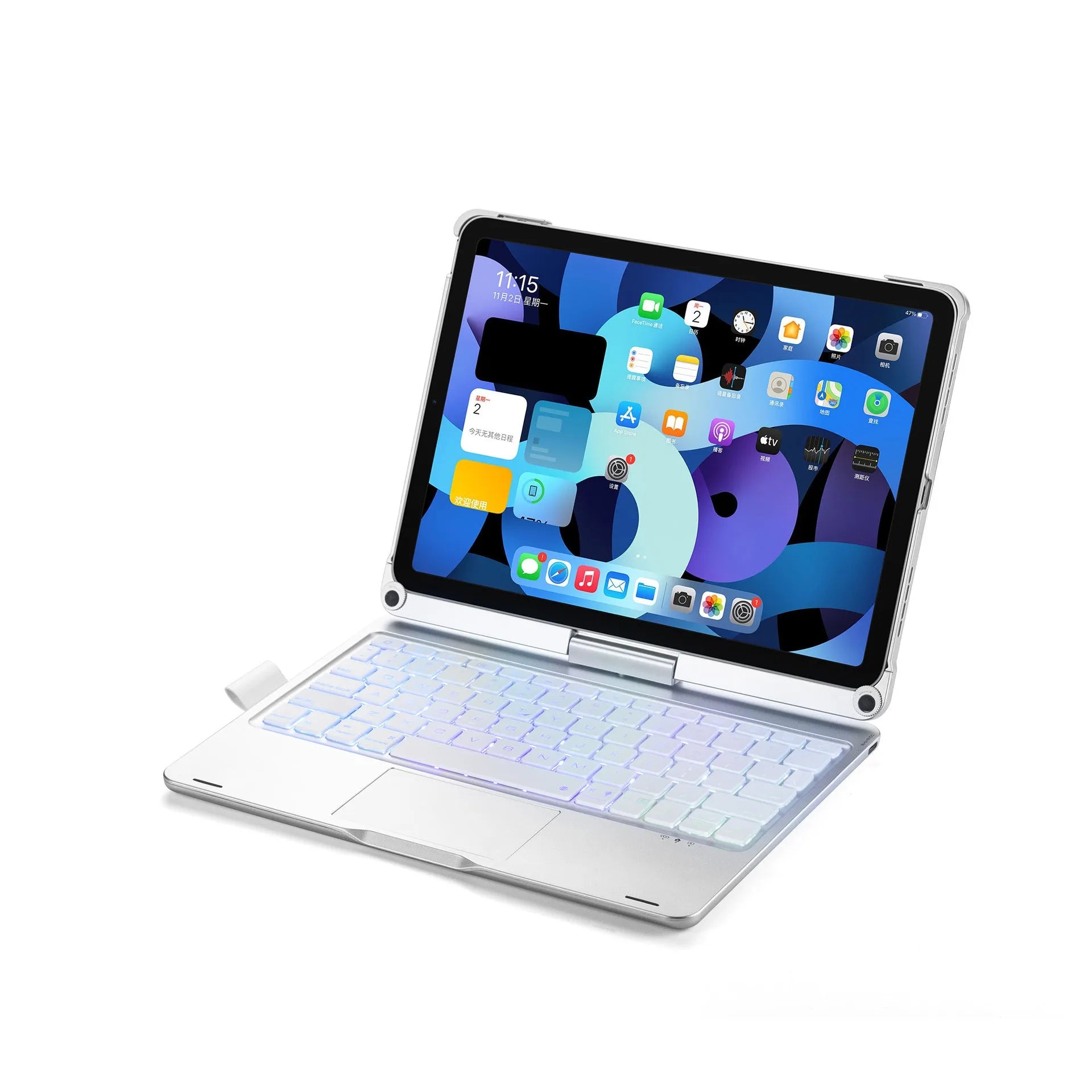 360-degree rotating Bluetooth keyboard for iPad with touch-sensitive trackpad in black, rose gold, or silver