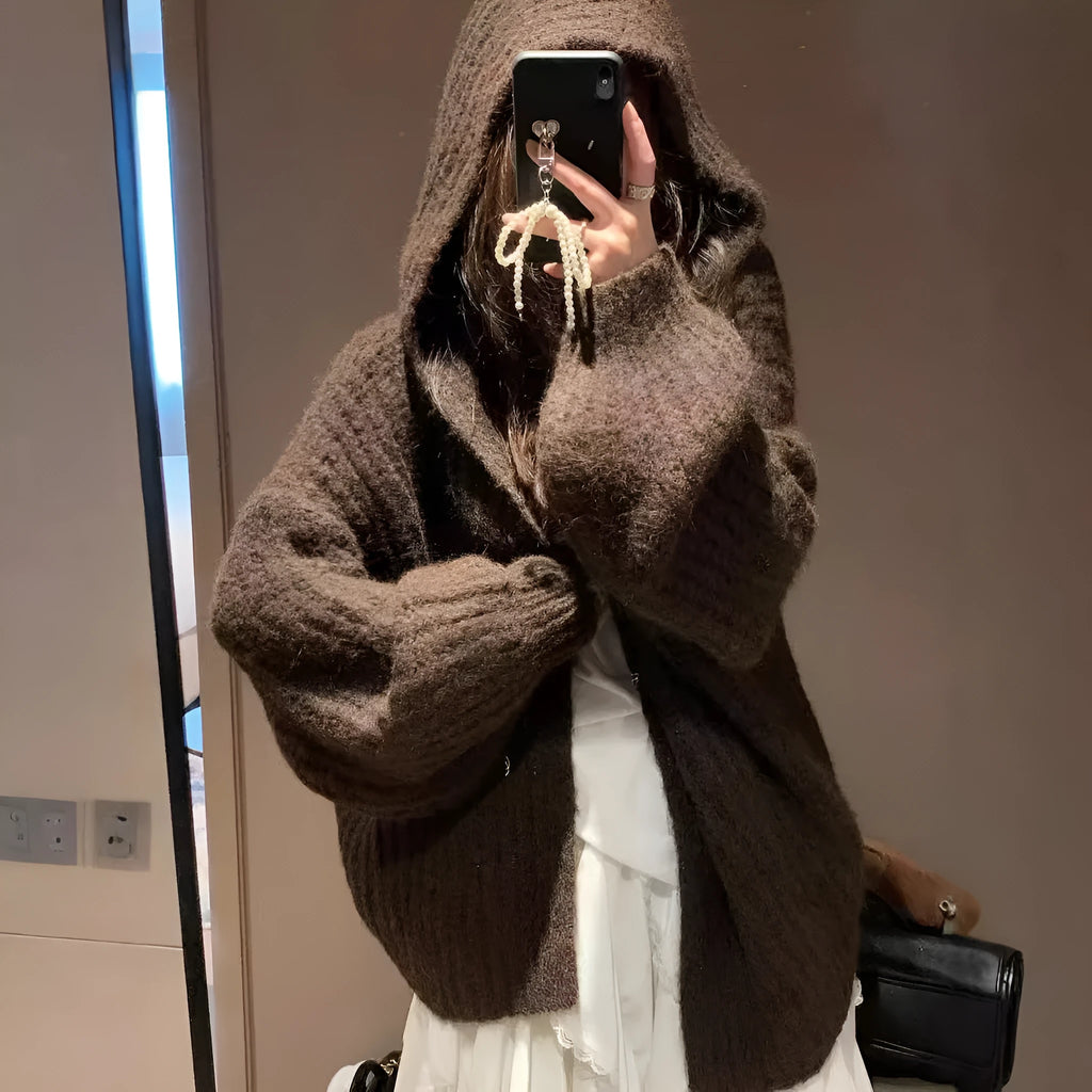 Retro Maillard hooded sweater cardigan for women in dark grey, brown or milky white solid colours