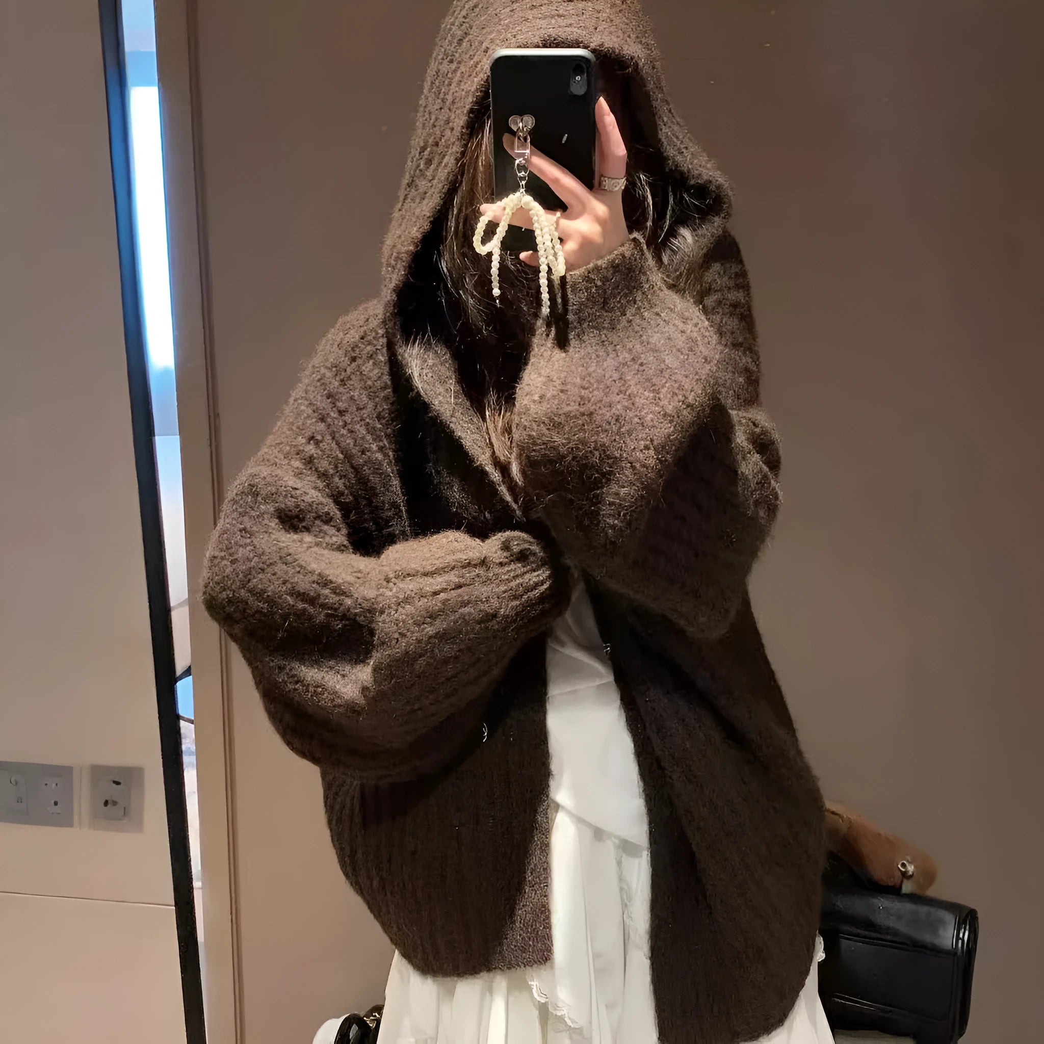 Retro Maillard hooded sweater cardigan for women in dark grey, brown or milky white solid colours