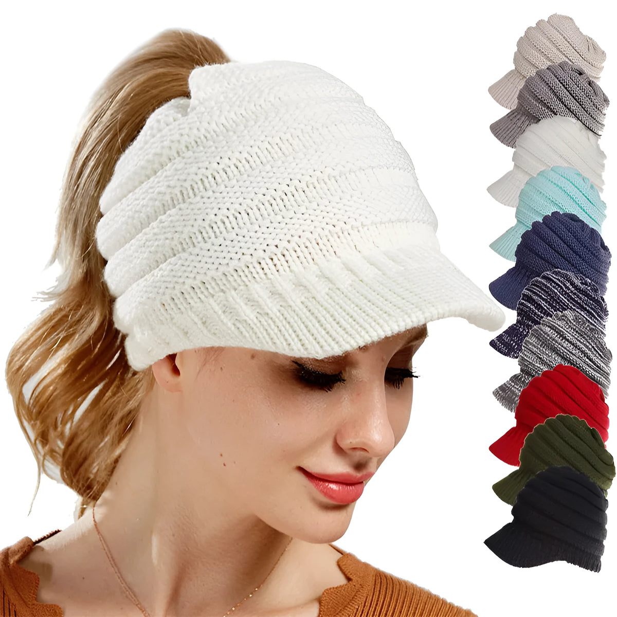 Woman wearing a soft knitted beanie with a ponytail pulled through the opening in the crown.