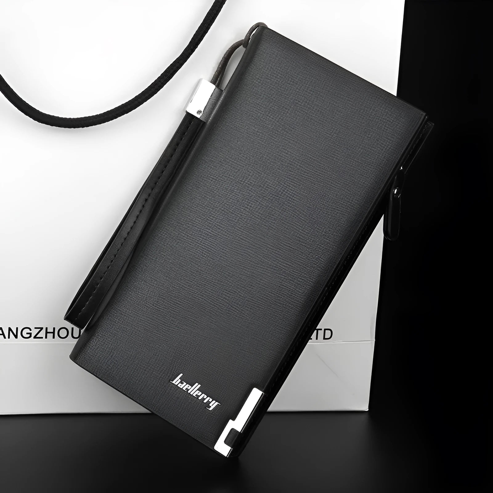Men's long black PU leather wallet with a prominent silver zipper closure.