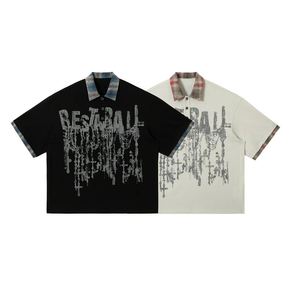 Men's loose cotton top with graffiti print on lapel in blue or red colour options