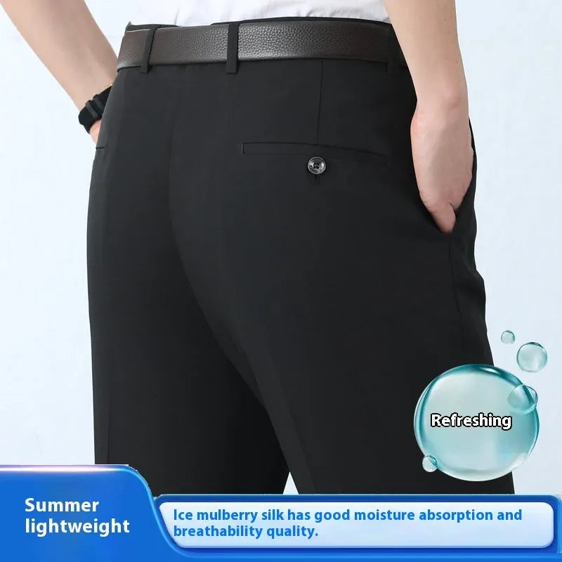 Men's straight-leg business trousers in mulberry silk fabric with non-iron finish