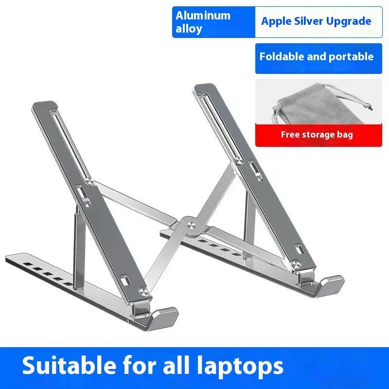 Folding aluminium laptop stand in silver finish showing cooling design for 16-18 inch notebooks