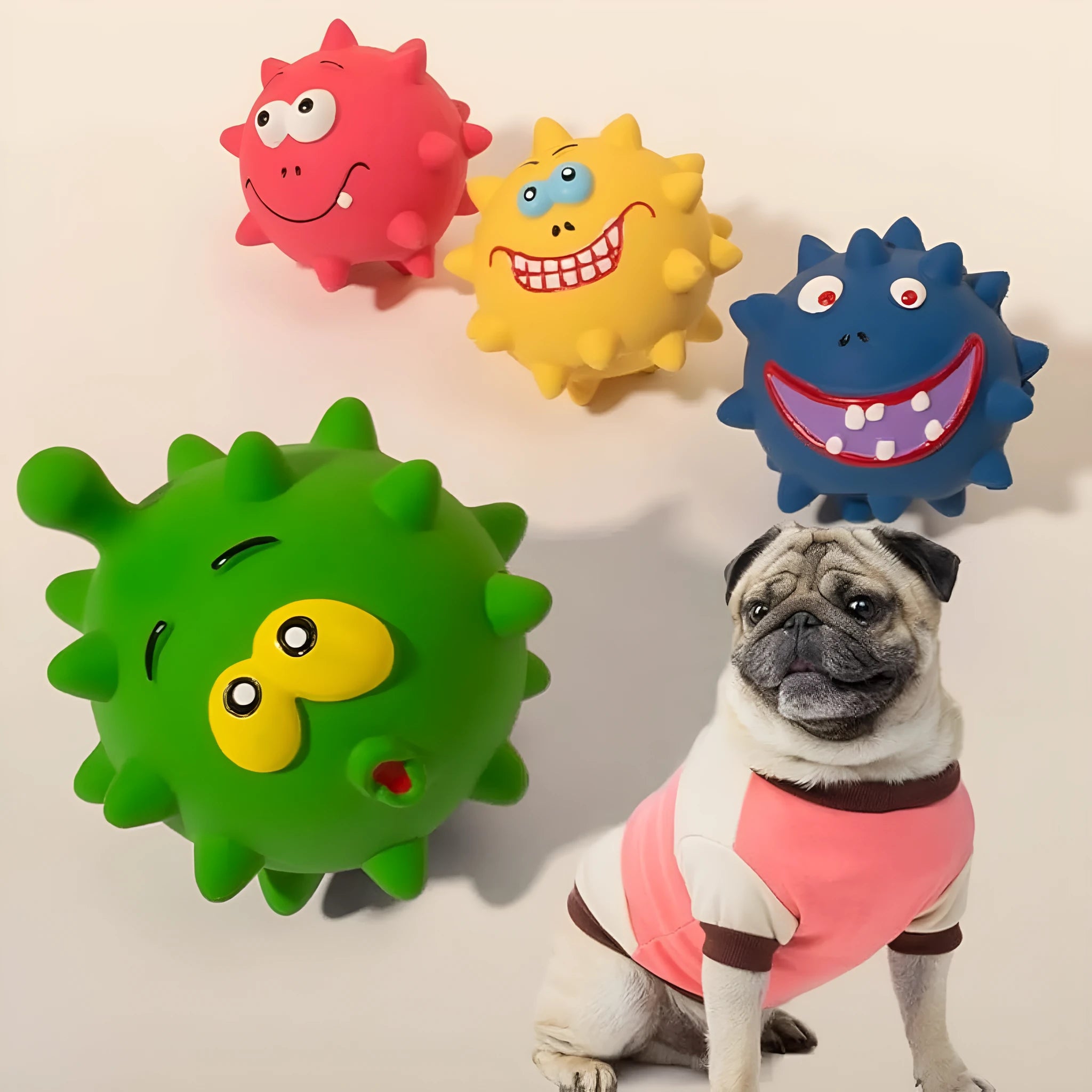 Four coloured natural latex squeaky dog balls with cute faces measuring 7.5cm