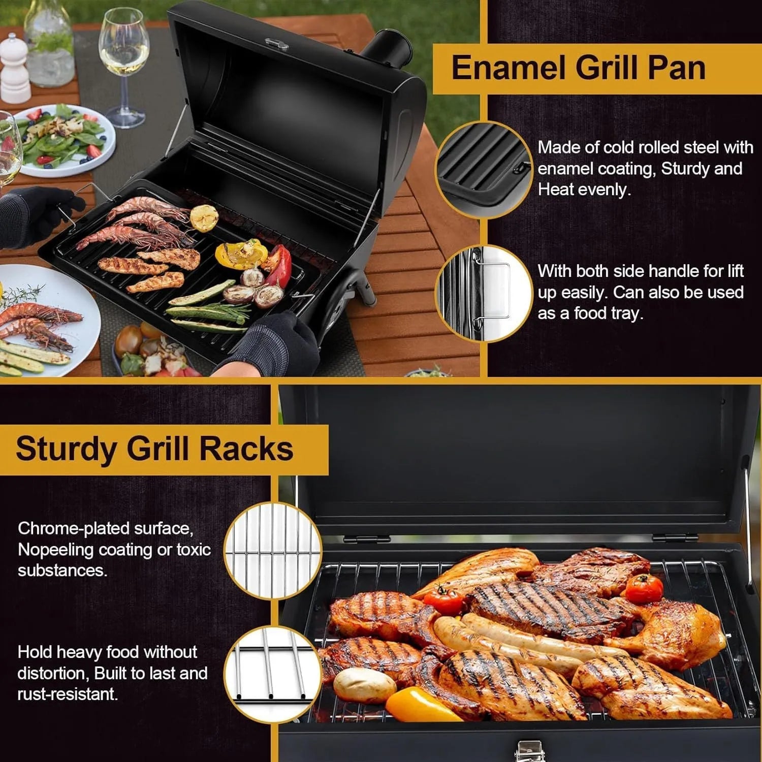 Small black folding desktop barbecue smoking device with charcoal stove and grill.