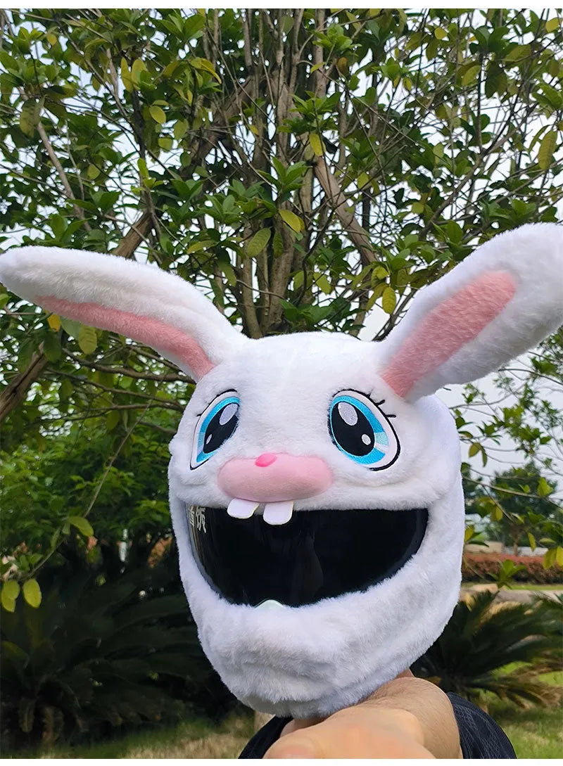 White rabbit head decorative cover with plush lining for electric motorcycle helmets