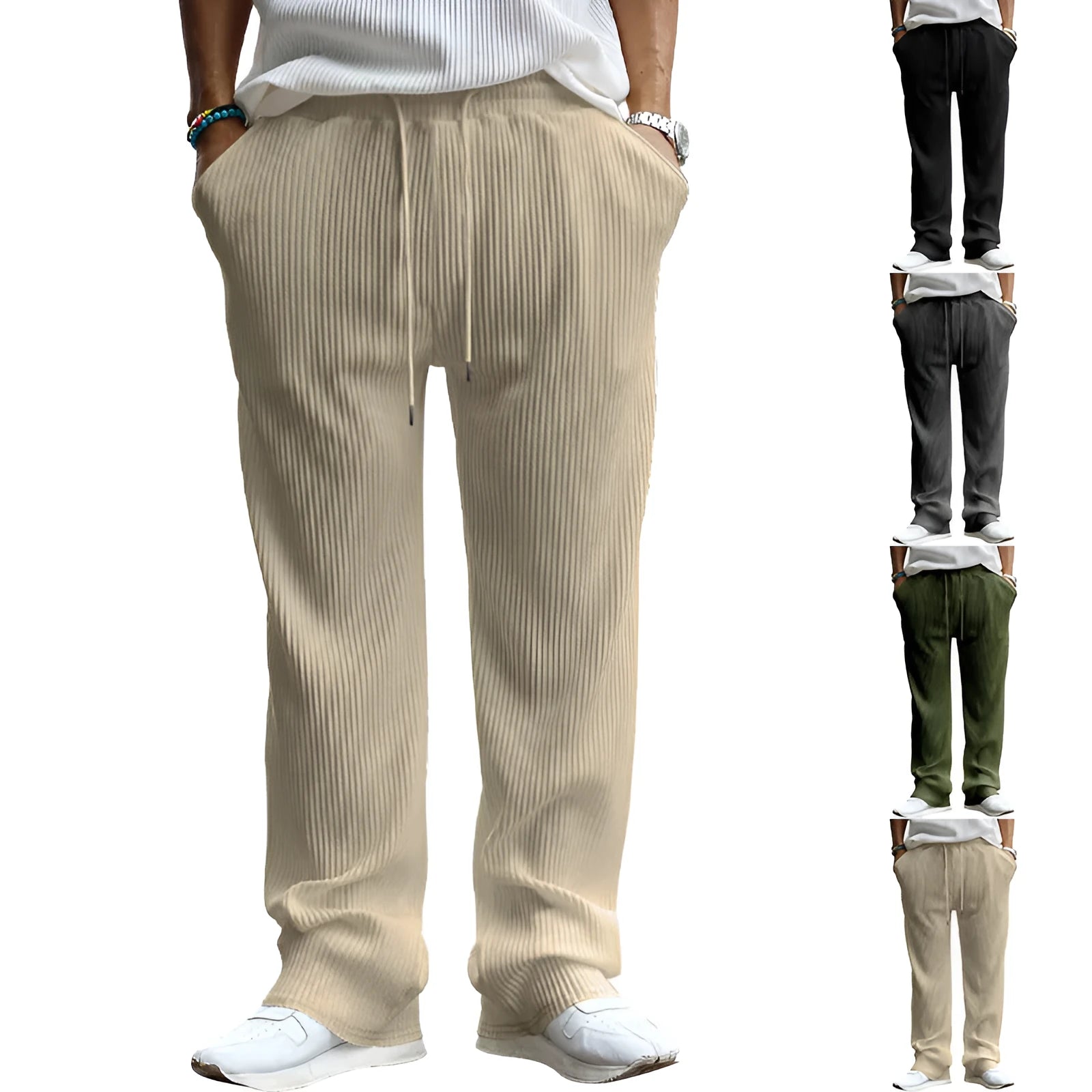 Men's loose high-waist straight-leg casual trousers in solid colour on hanger