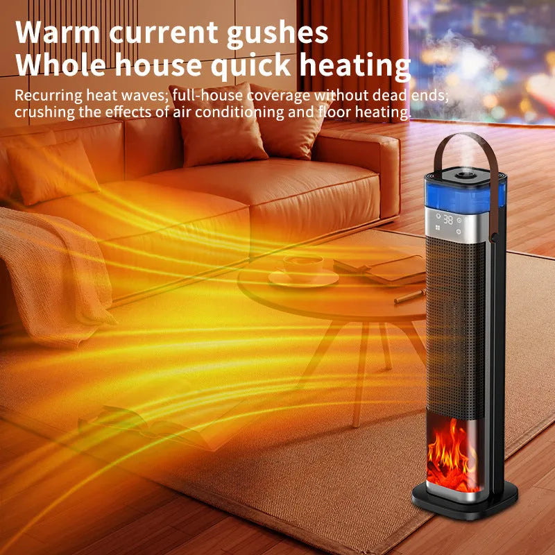 Tall, slim vertical heater with humidifier and remote control on a wooden floor.