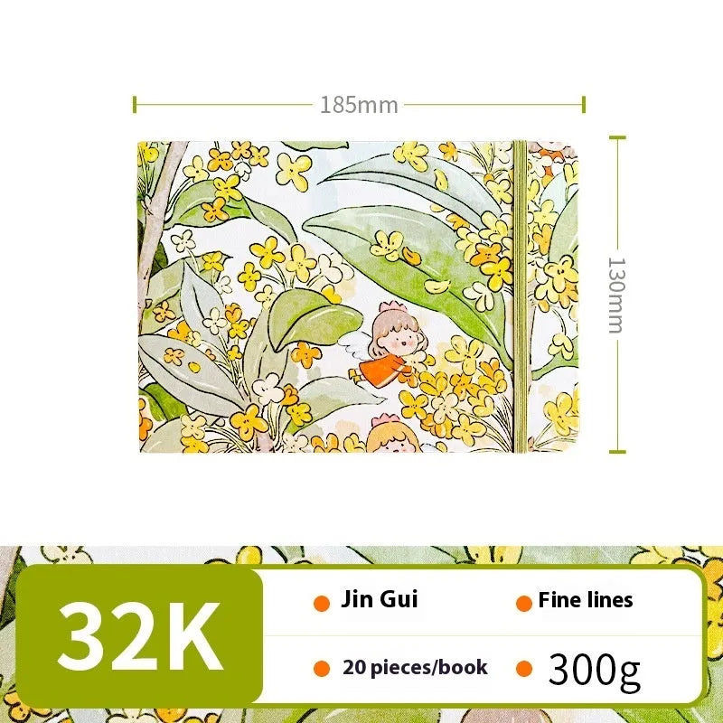 Feiluniao handmade fabric watercolour sketchbook with decorative cover, shown at 185mm length.