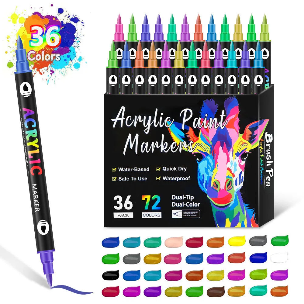 Set of double-headed acrylic marker pens with fine and brush tips showing opaque washable ink