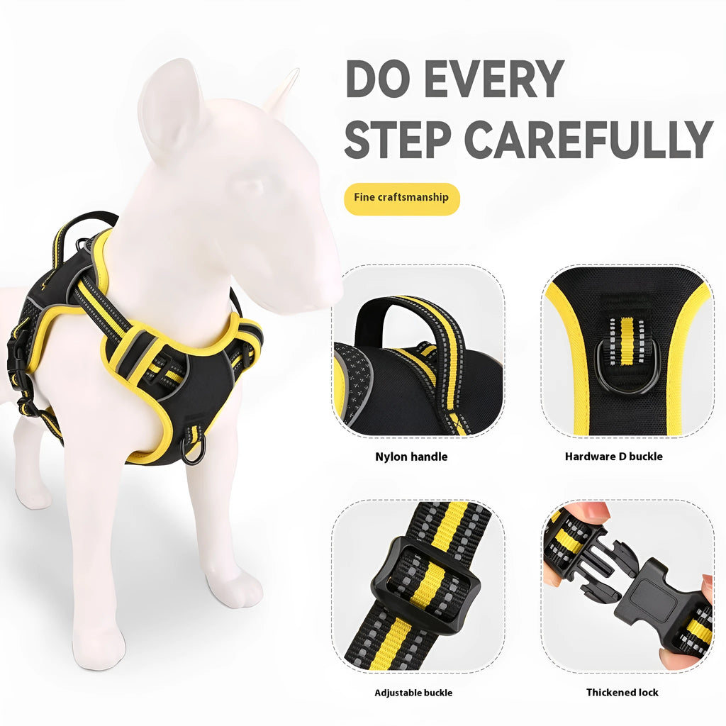 Orange dog harness with traction strap for outdoor walking and training control