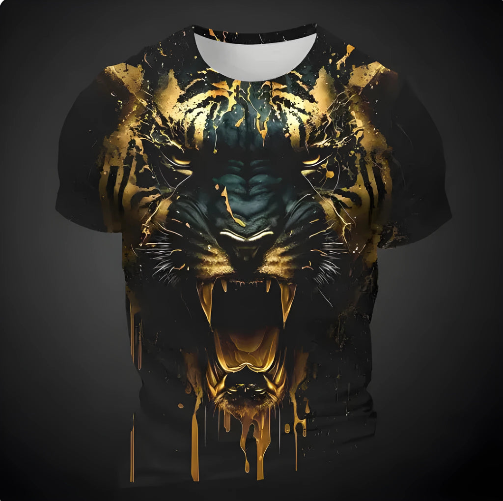 Close-up view of a man's grey T-shirt with a detailed, realistic 3D tiger face print on the chest.