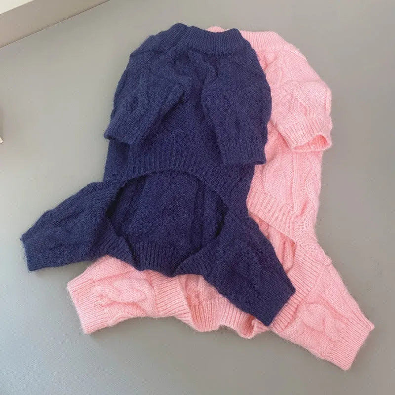 Four-leg knitted wool pet sweater in grey, pink, red, royal blue or white, sizes XS to XXL for autumn and winter