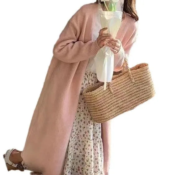 Women's mid-length knitted cardigan in khaki colour with V-neck and long sleeves