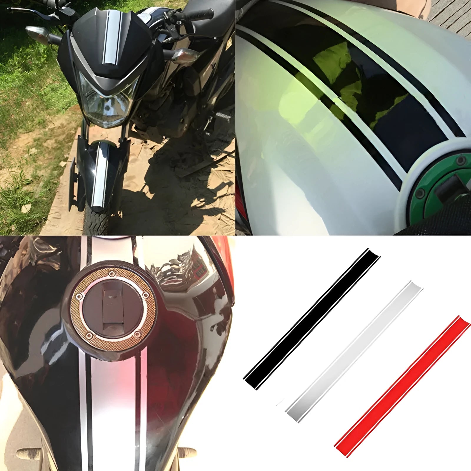 Long black and silver reflective pinstripe motorcycle vinyl sticker for gas tank lid, shown at 50cm length.