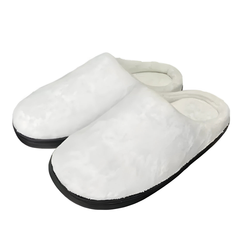 Customisable pattern printed cotton flannel slippers with a TPR sole on a wooden floor.