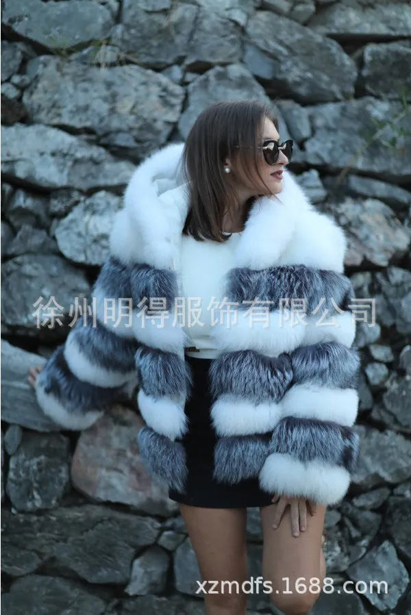 Women's artificial fur hooded coat in street fashion style with 65cm medium length