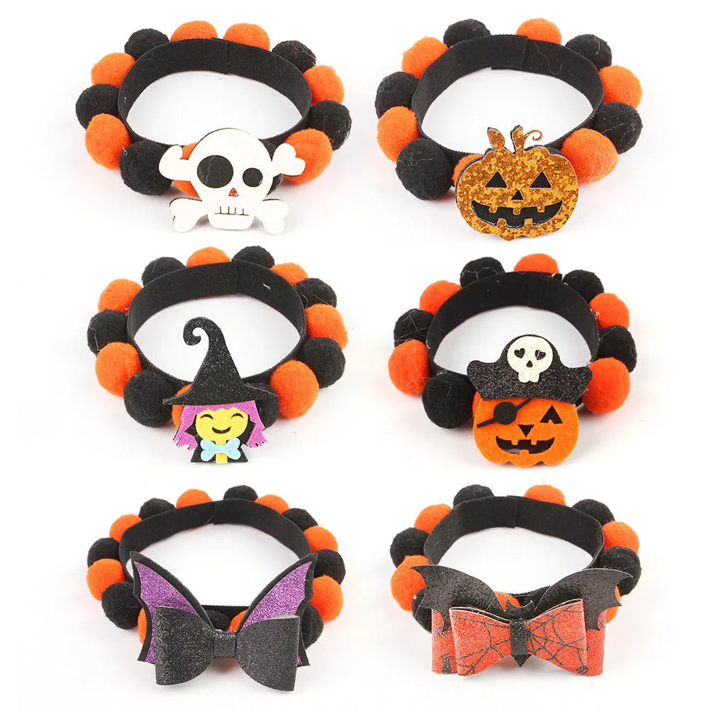 Halloween pet collar with fur ball decoration in six design variations for dogs and cats